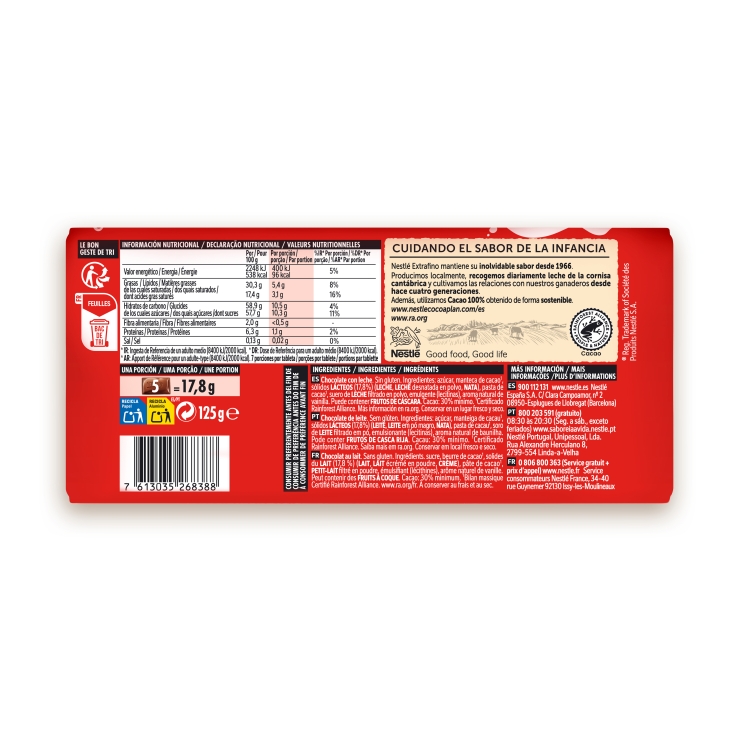 chocolate extrafino leche, 125g