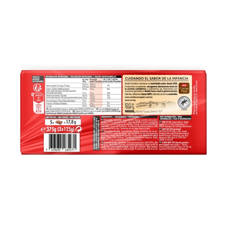chocolate extrafino leche tableta 125g, pk-3