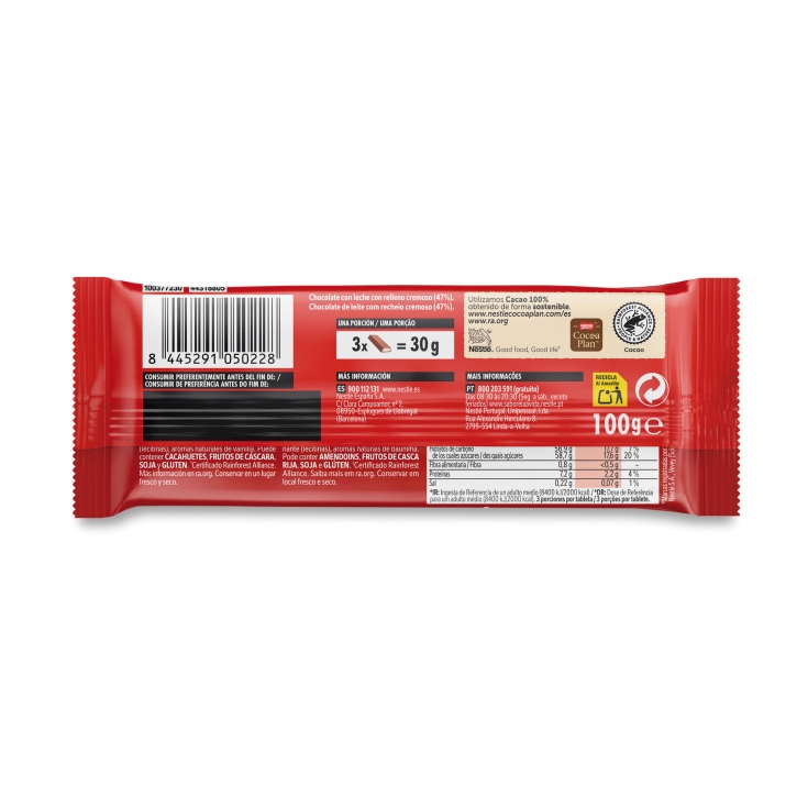 chocolate relleno cremoso barritas, 100g