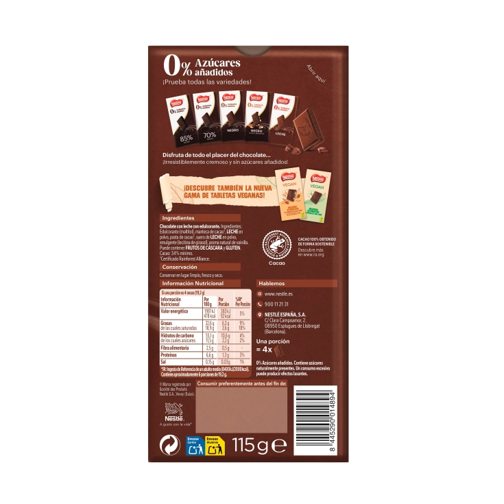 chocolate con leche sin azúcar, 115g