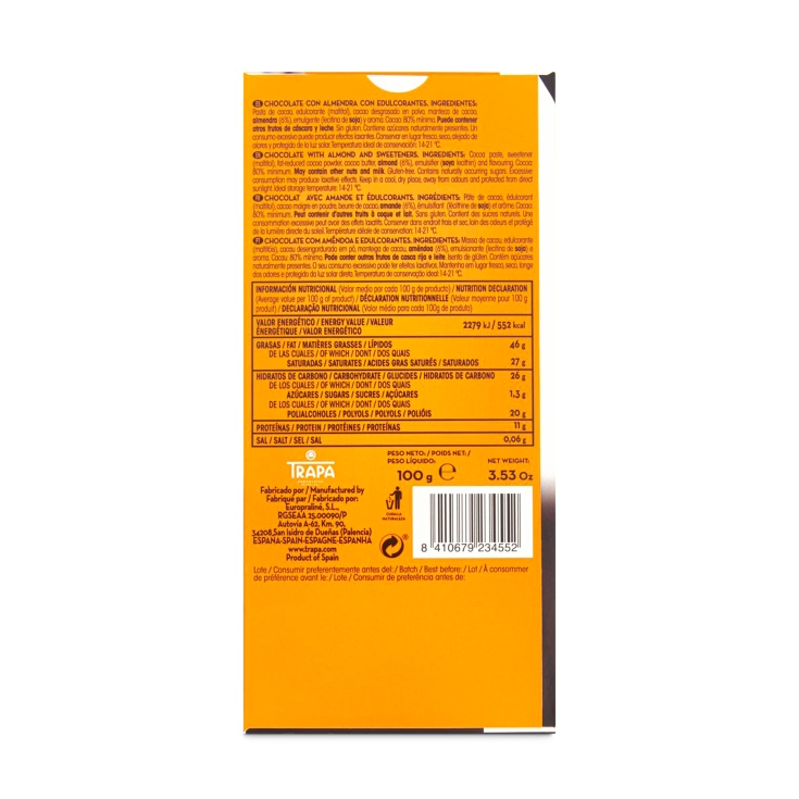 chocolate 80%negro c/almendras 0%azúcar, 100g