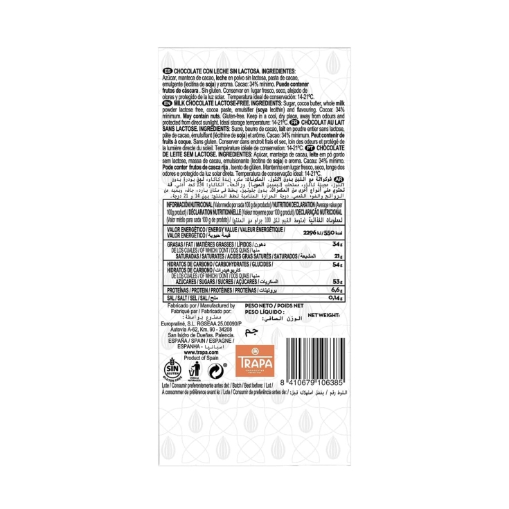 chocolate con leche sin lactosa, 90g