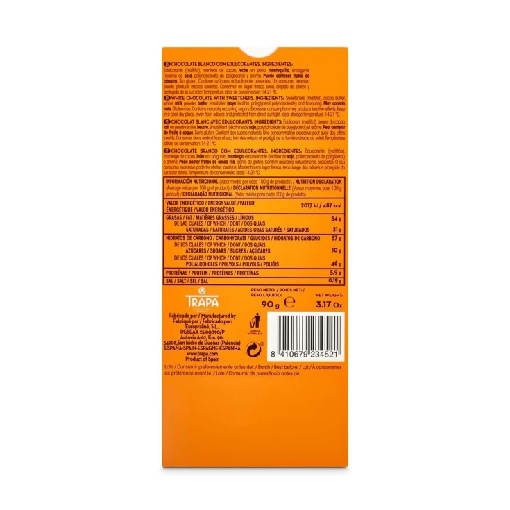 chocolate blanco 0% azúcar, 90g