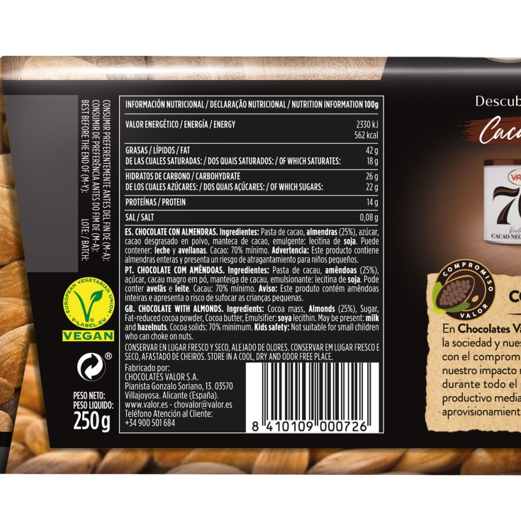 chocolate negro 70% almendras, 250g