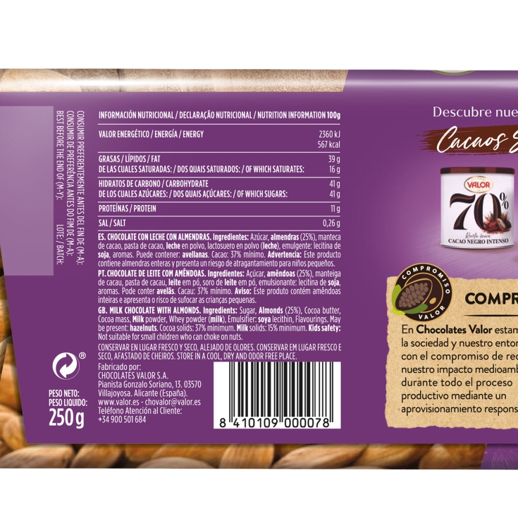 chocolate c/leche almendras, 250g