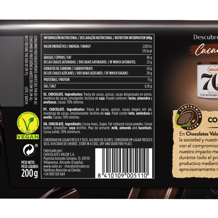 chocolate 70% negro, 200g
