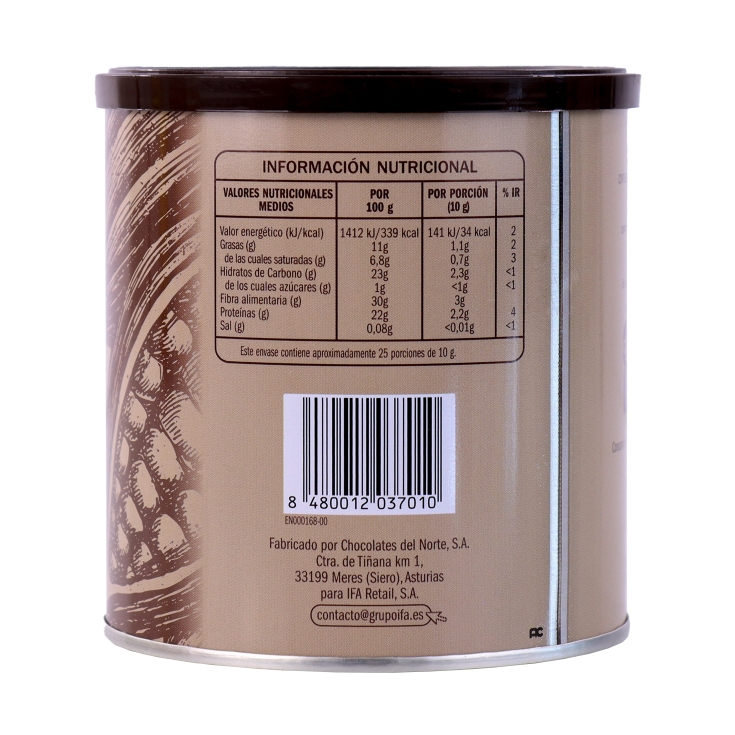 cacao puro desgrasado 0% azucar, 250g
