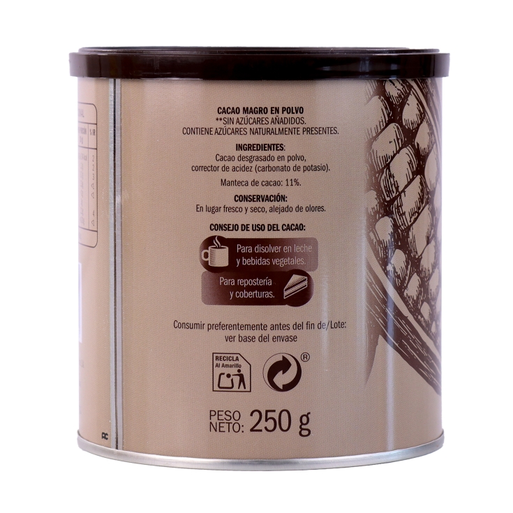 cacao puro desgrasado 0% azucar, 250g