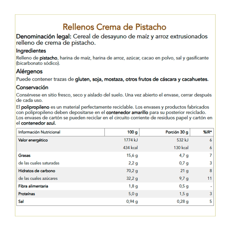 cereales rellenos de crema de pistacho, 320g