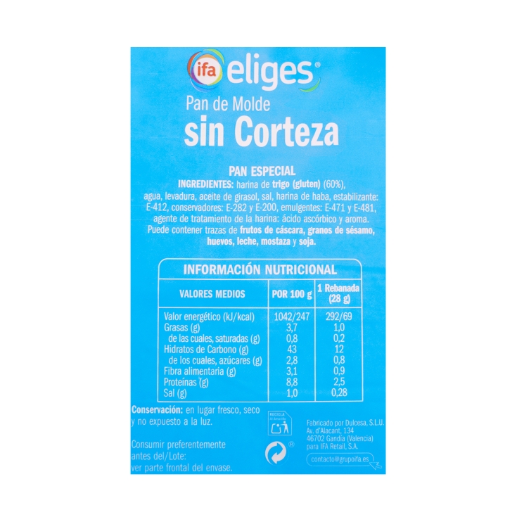 pan molde blanco sin corteza familiar, 820g