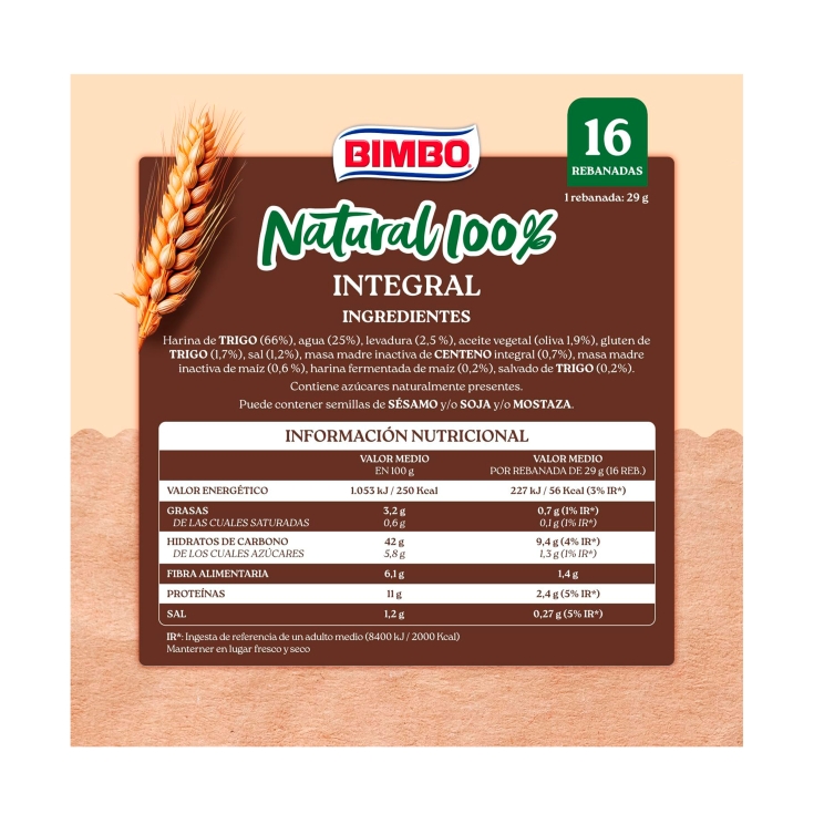 pan molde integral natural 100%, 460g