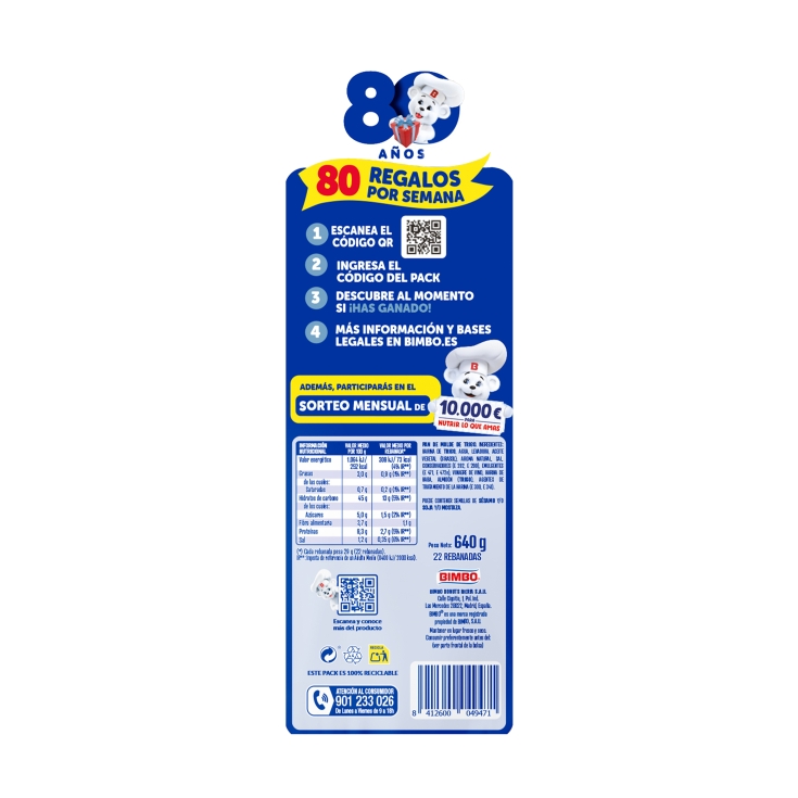 pan de molde 0%azúcares, 640g