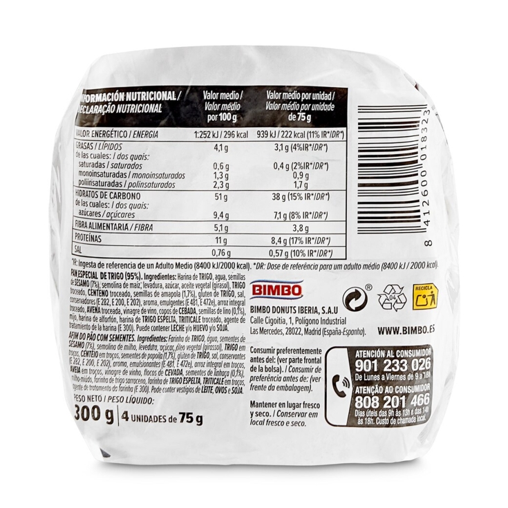 pan bagels semillas 4 uds, 300g