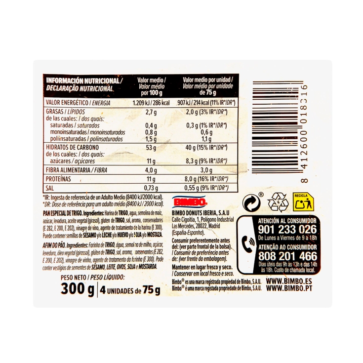pan bagels clásico 4 uds, 300g