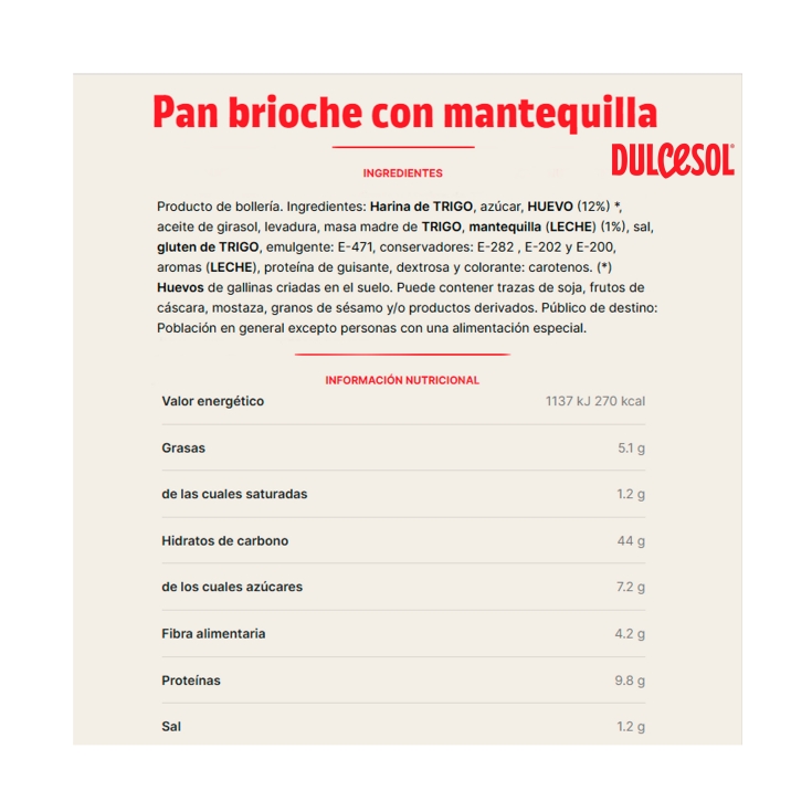 pan especial brioche con mantequilla, 450g