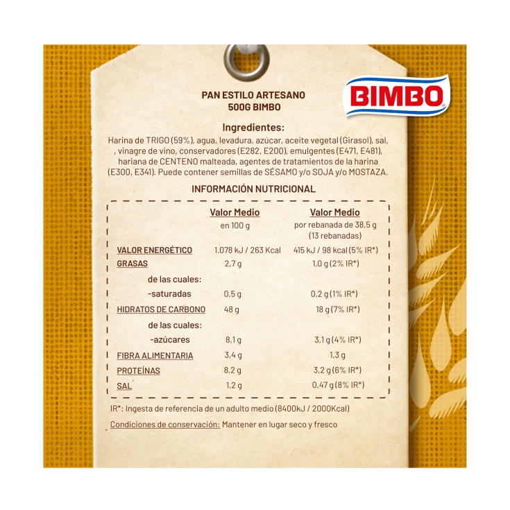 pan rebanada estilo artesano, 500g