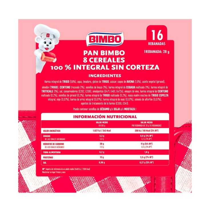pan molde integral 8 cereales s/corteza, 450g