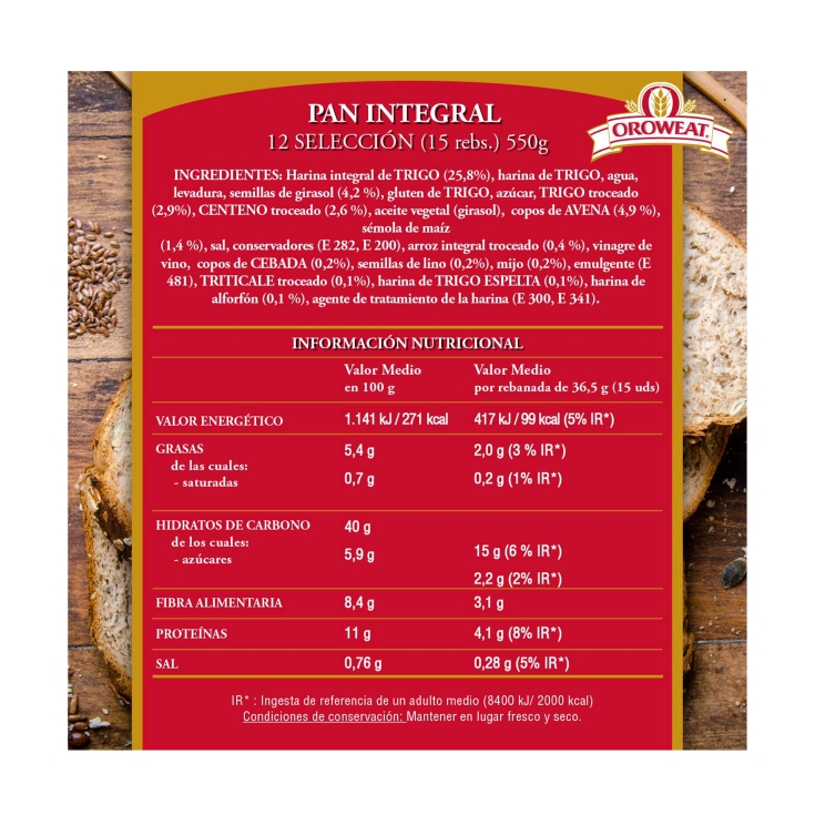 pan oroweat 12 cereales y semillas, 550g