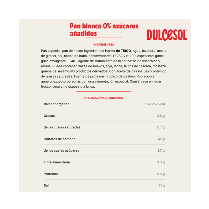pan molde blanco 0% azúcar, 395g