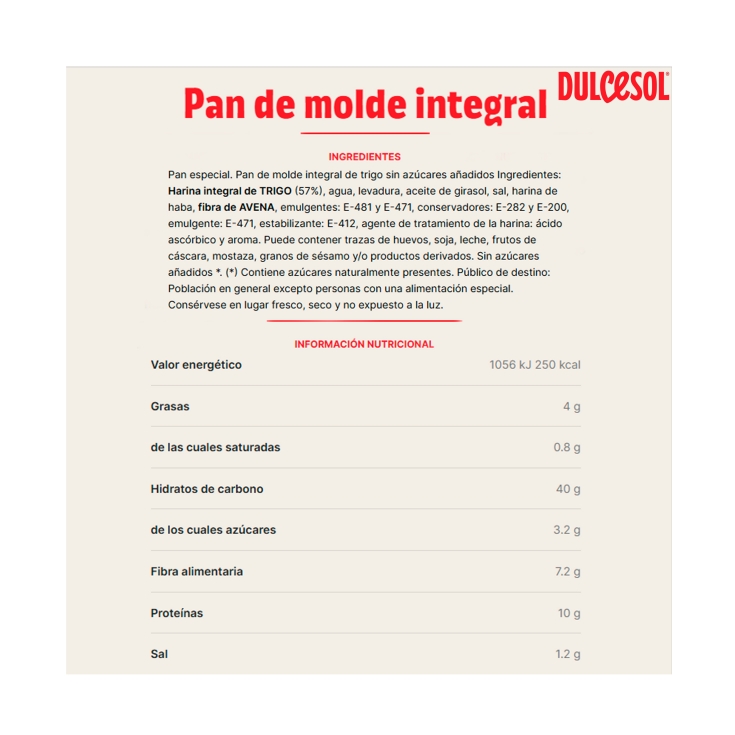 pan molde integral 0% azúcar, 395g