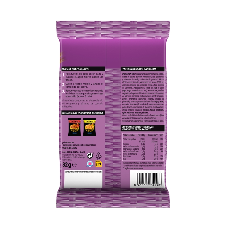 fideos yatekomo barbacoa bolsa, 82g