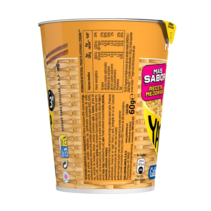 fideos orientales yatekomo pollo vaso, 60g