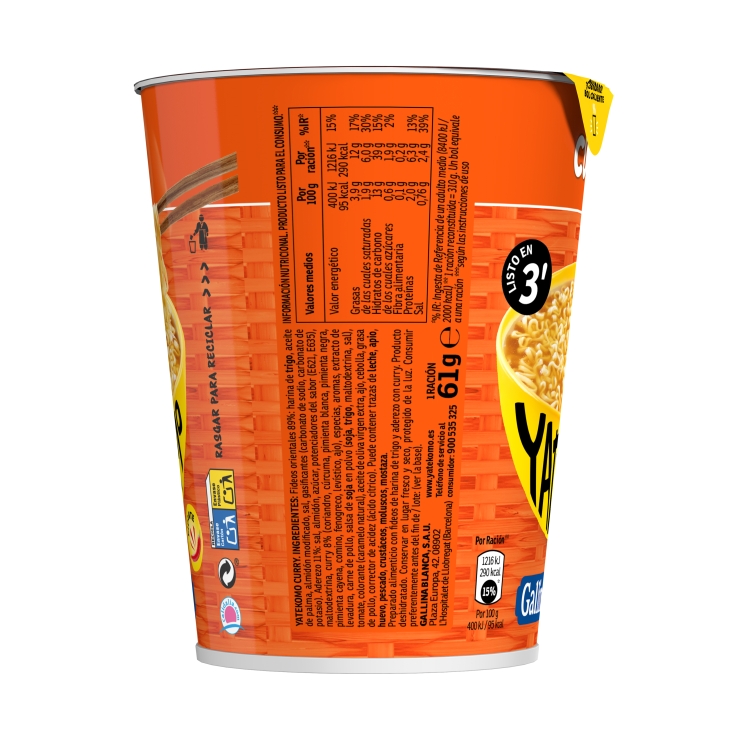 fideos orientales yatekomo curry vaso, 61g