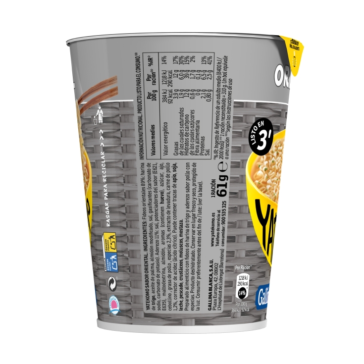 fideos orientales yatekomo oriental vaso, 61g