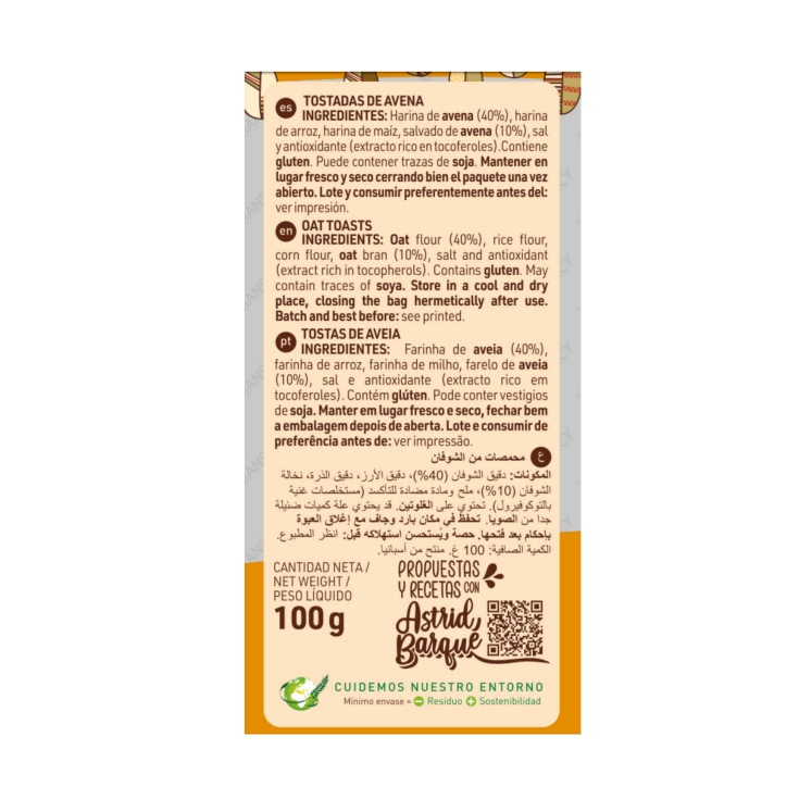 tostadas de avena, 100g