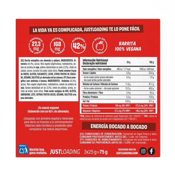 barrita energética almendra/plátano 25g, pk-3