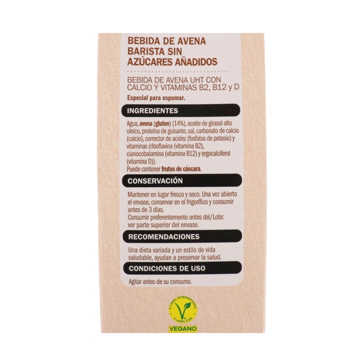 bebida avena barista sin azúcar, 1l
