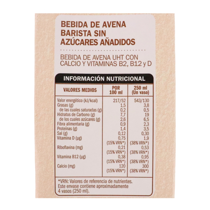 bebida avena barista sin azúcar, 1l