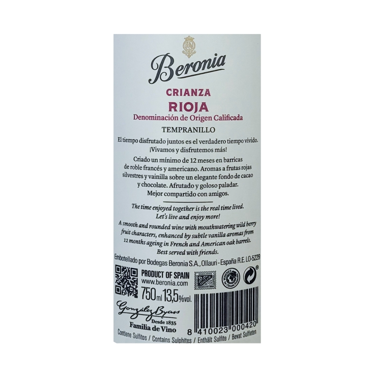 vino d.o. rioja tinto crianza, 750ml