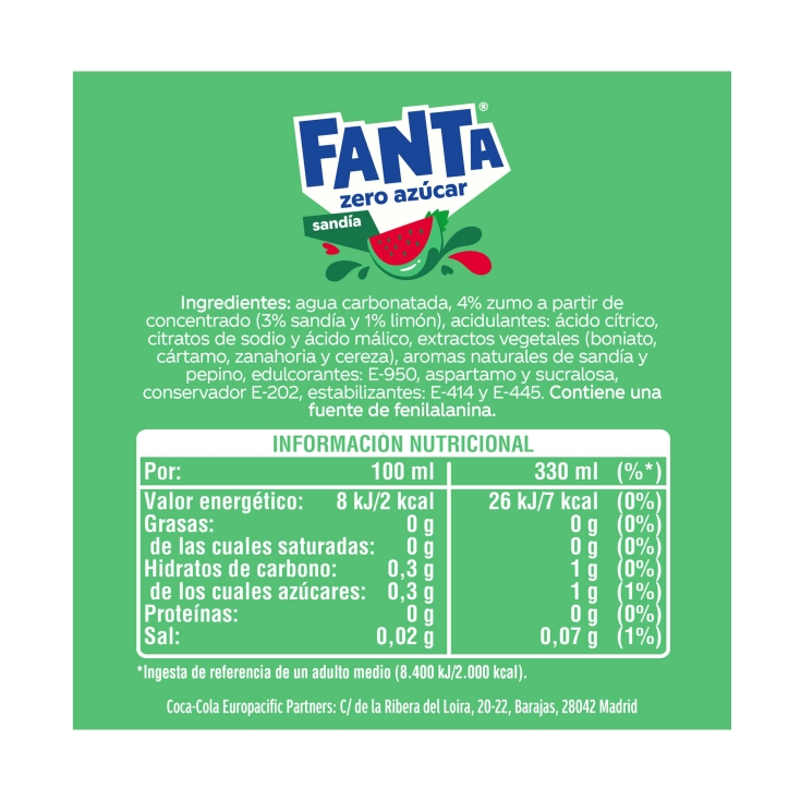 refresco sandía zero azúcar lata, 330ml