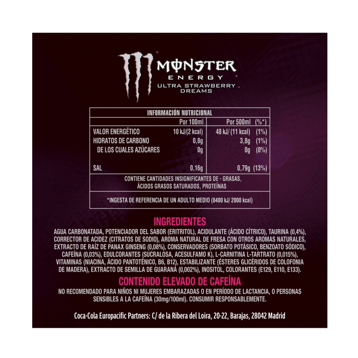 bebida energética zero strawberry, 500ml