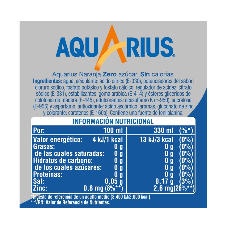 bebida isotónica zero naranja lata, 330ml