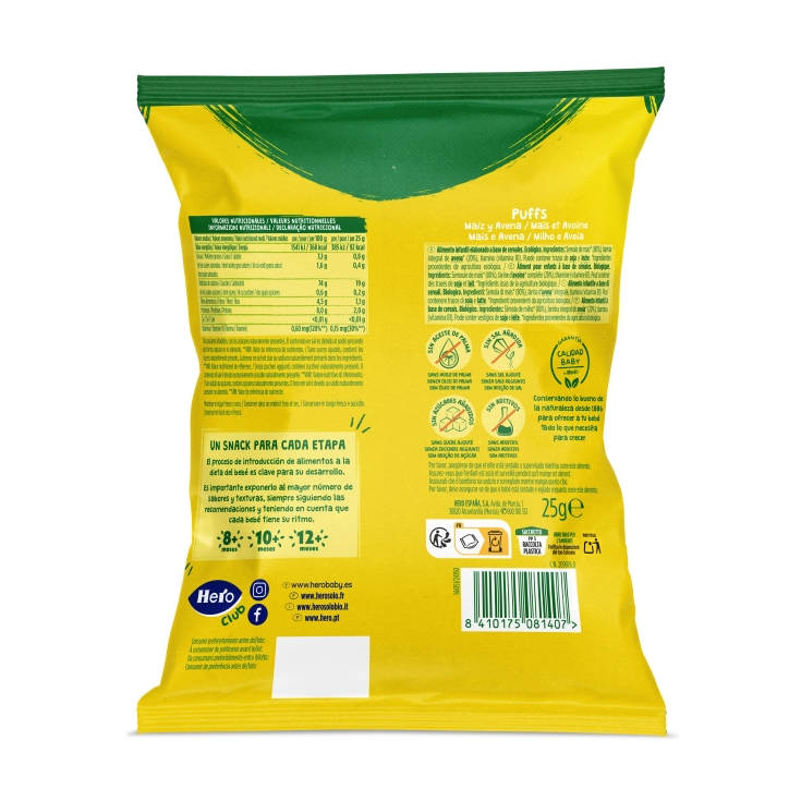 snacks puffs maiz/avena eco, 25g