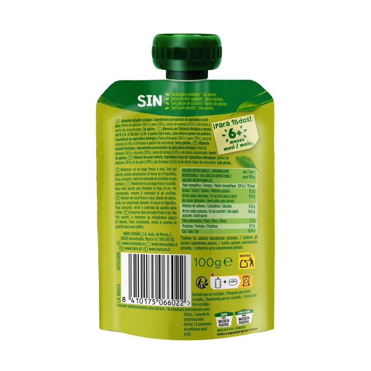 pouch solo plátano, pera, naranja, 100g