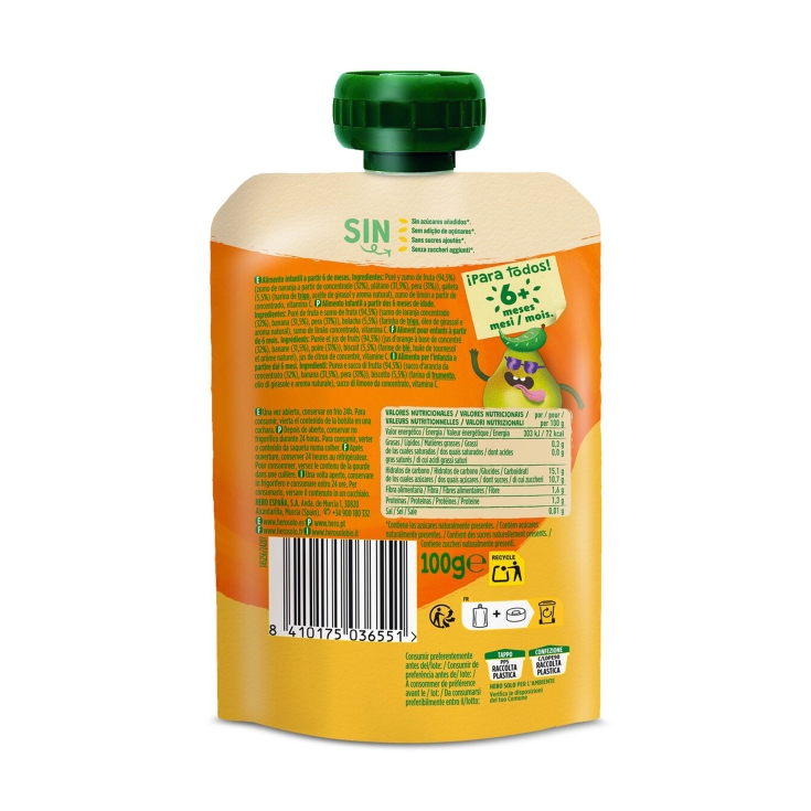 pouch naranja, plátano, pera y galleta, 100g