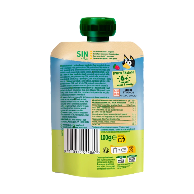 pouch yogurín con plátano y fresa, 100g