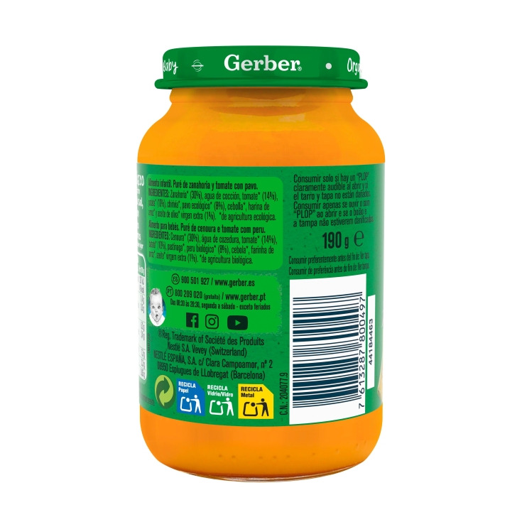 tarrito zanahoria y tomate con pavo, 190g