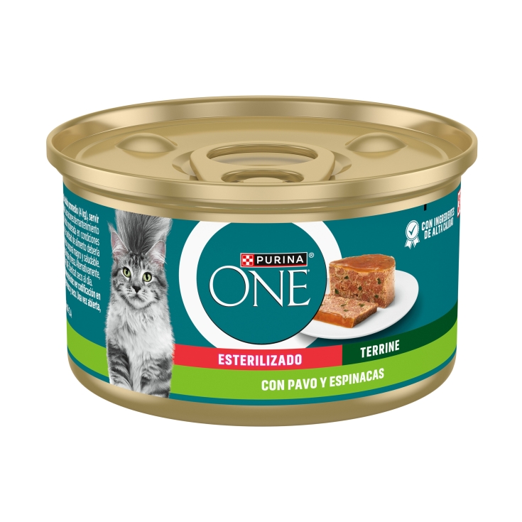 comida gatos esterilizado pavo, espinacas,85g