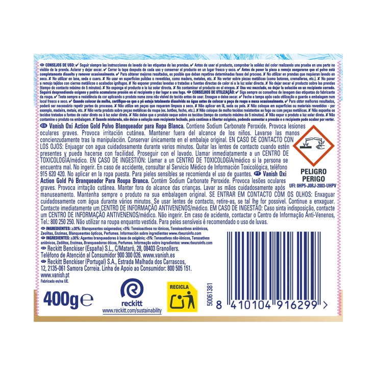 quitamanchas polvo ropa white, 400g