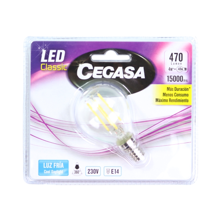 Bombilla LED Esférica Transparente, E14, 4w