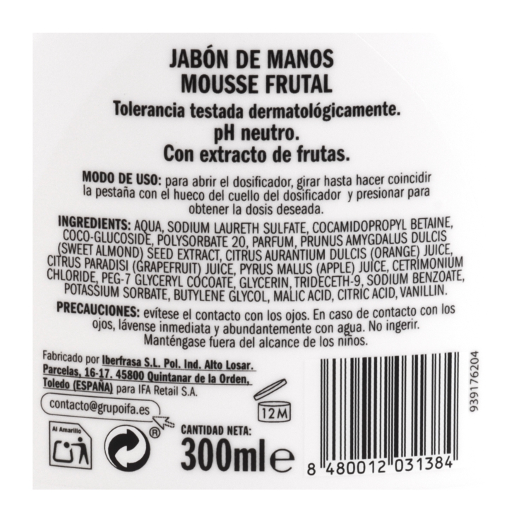 jabón de manos mousse frutal, 300ml