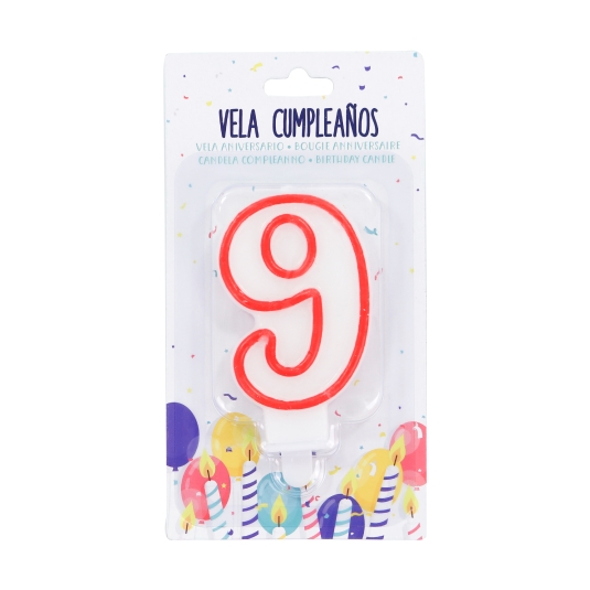 velas cumpleaños nº9 blanca/borde rojo, ud