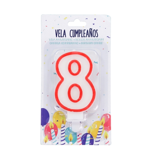 velas cumpleaños nº8 blanca/borde rojo, ud