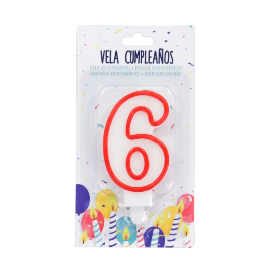 velas cumpleaños nº6 blanca/borde rojo, ud