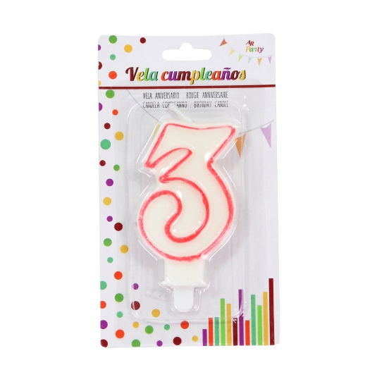 velas cumpleaños nº3 blanca/borde rojo, ud