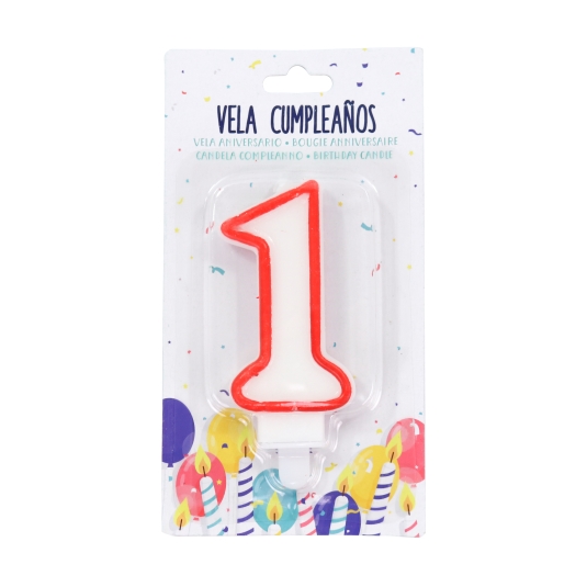 velas cumpleaños nº1 blanca/borde rojo, ud